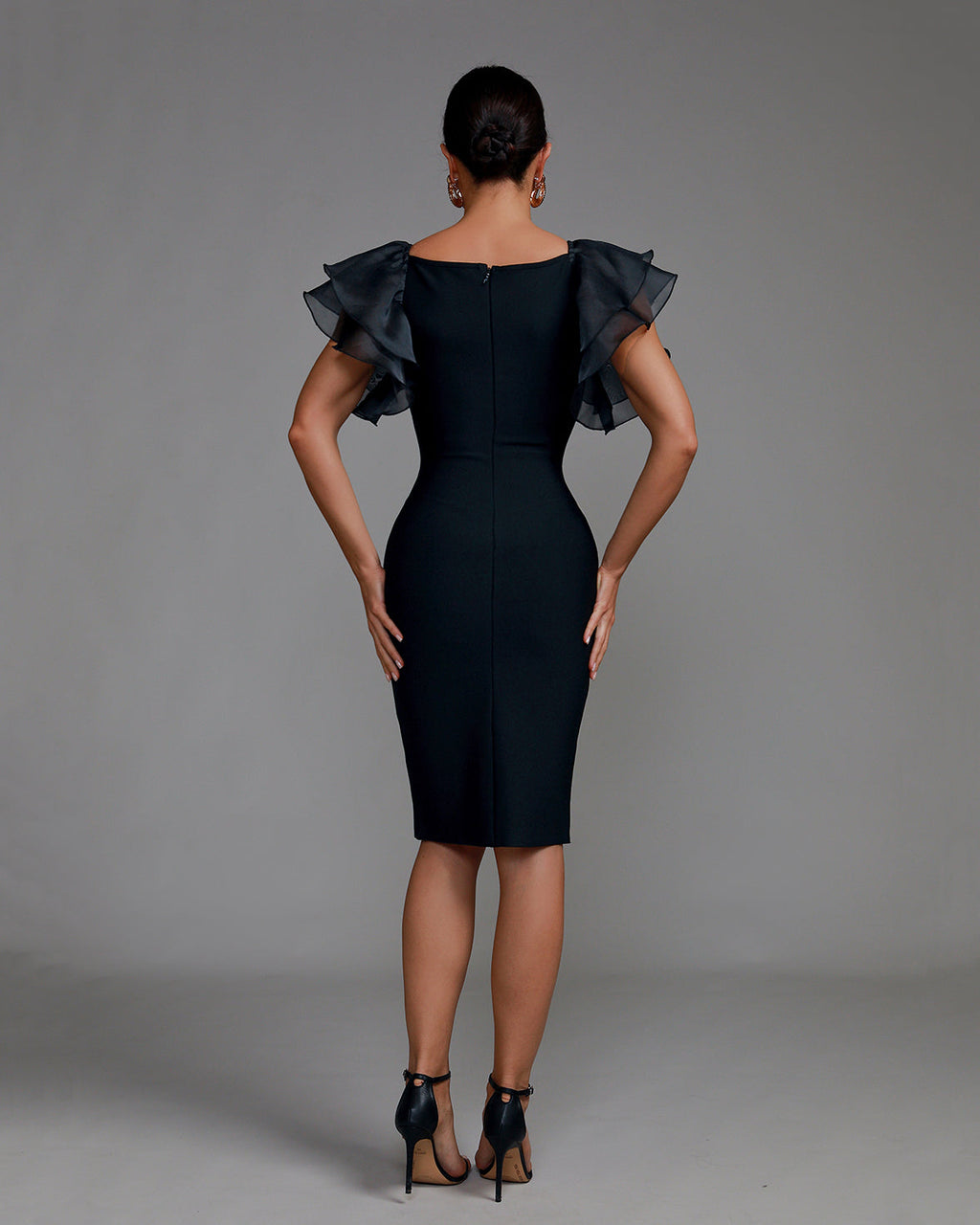 Elegant Puff Sleeve Tulle Midi Bandage Dress
